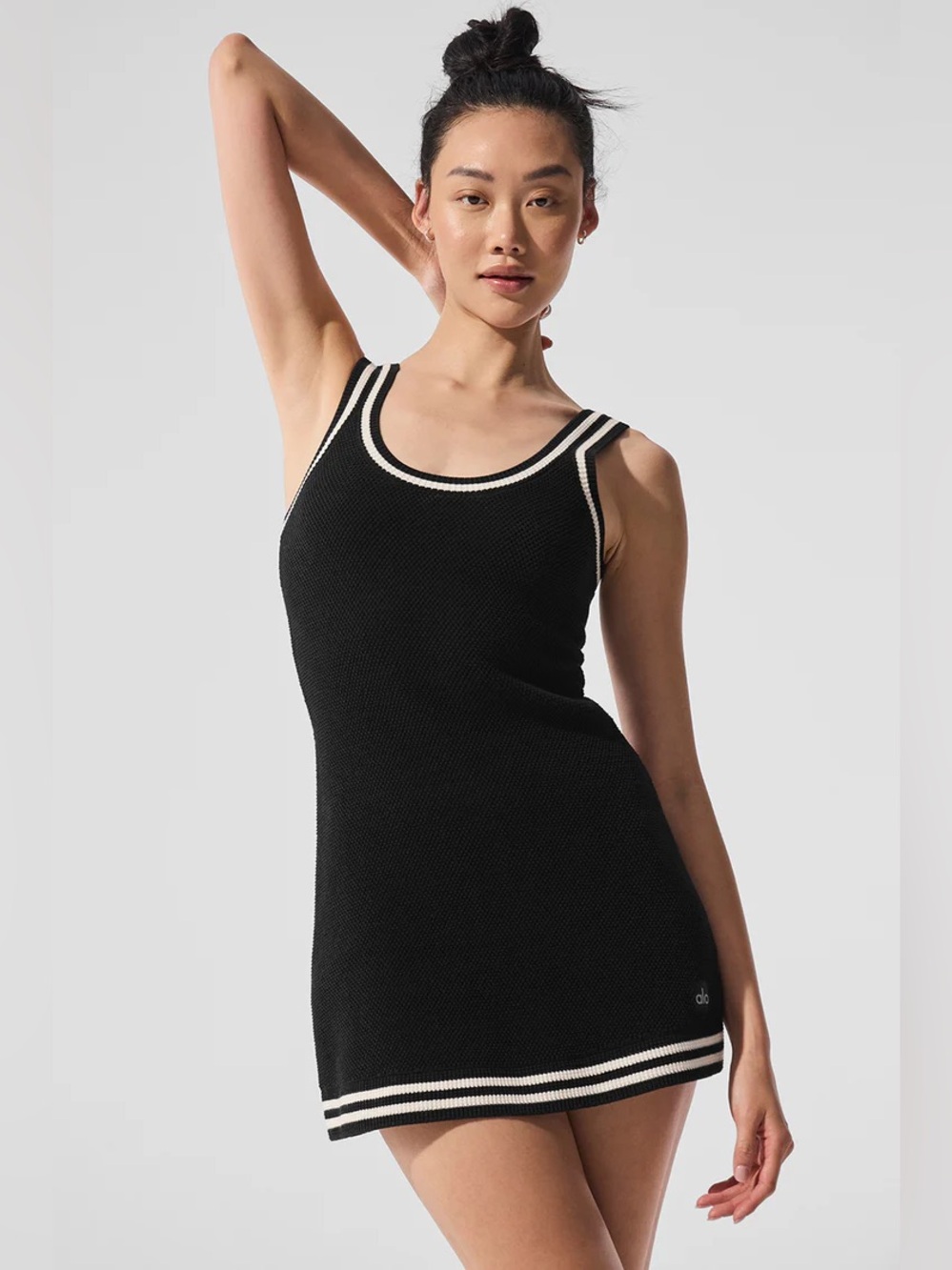 ALO Yoga Black Knit Mini Dress with White Trim - Picture 2 of 5